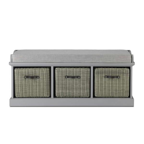 Statement Furniture Tetbury Bench with 3 Storage Baskets and Grey Cushion Seat