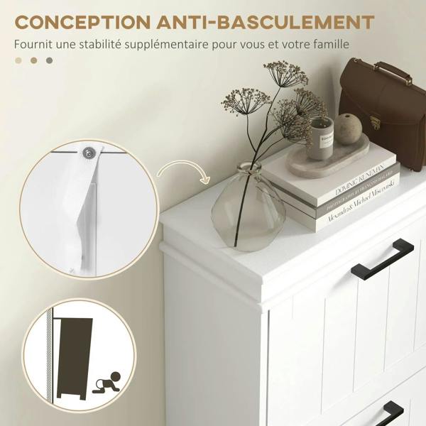 White cabinet top with anti-tip bracket and black handle on front drawers