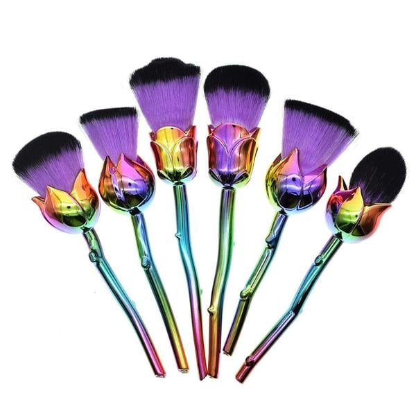 Aquarius 6pcs Rose Makeup Brush Set Purple Multi Coloured Flower Handle Cosmetic Kit