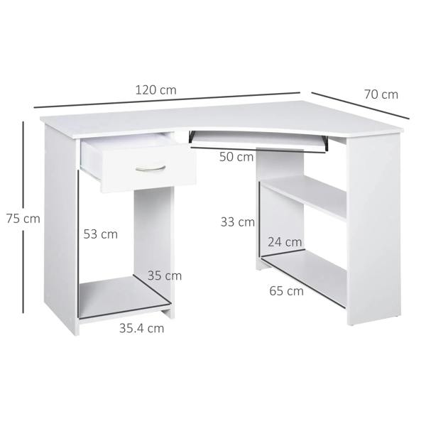 White L-shaped corner desk with drawer and side storage, shown with dimensions