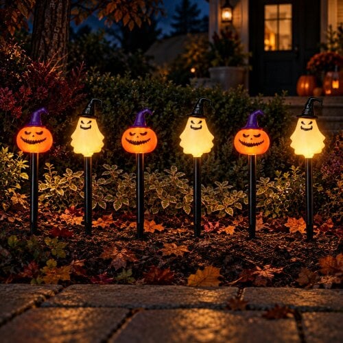 Samuel Alexander Set of 6 Halloween Light Up Pumpkin & Ghost Path Lights with Ground Stakes