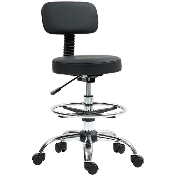 Black padded office stool chair with backrest, height-adjust base and rolling casters