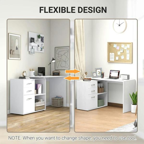 White reversible L-shaped desk showing flexible layout with left and right storage options.