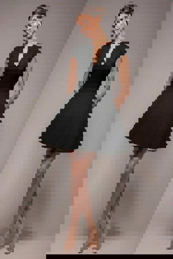 Cap Sleeve Plunging V-Neckline Skater Mini Dress - Black DR4539