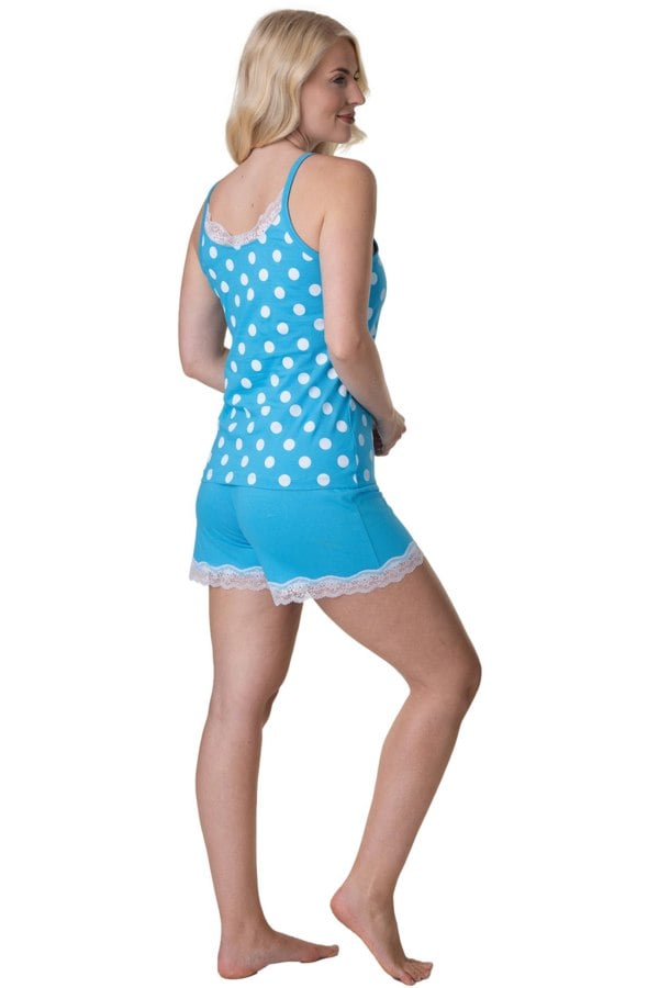 Camille Aqua Lightweight 100% Cotton Spot Printed Sleeveless Top Pyjama Set With Lace Detailing