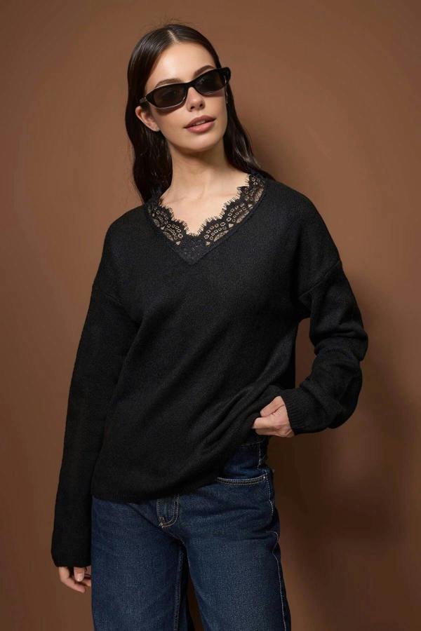 WOVCOR Soft Textured V-Neck Lace Knit Sweater