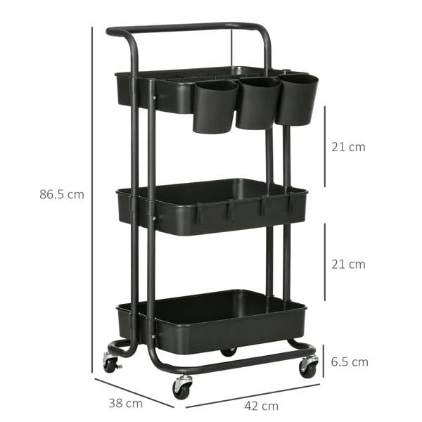 Black three-tier home trolley with curved handle, hanging cups, and four wheels
