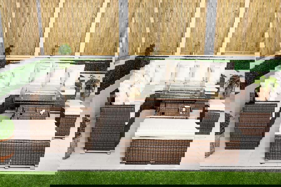 Giardino Santorini 6 Seat Modular Corner Sofa Rattan Garden Furniture Set Outdoor Fire Pit Coffee Table, Bench and Stool