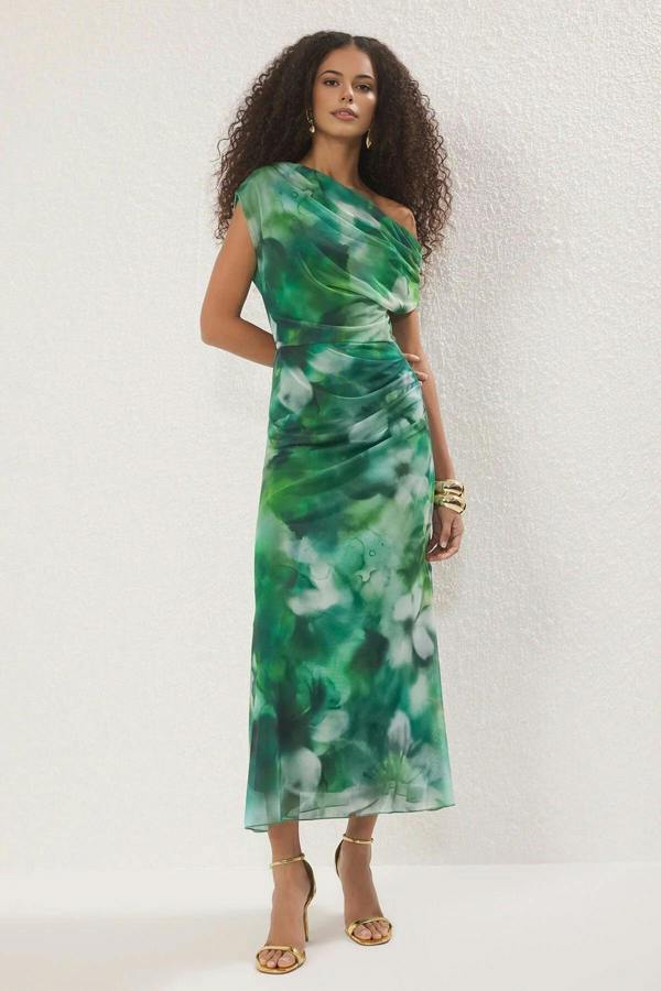 WOVCOR Patterned Lined Tulle Knit Midi Evening Prom Dress