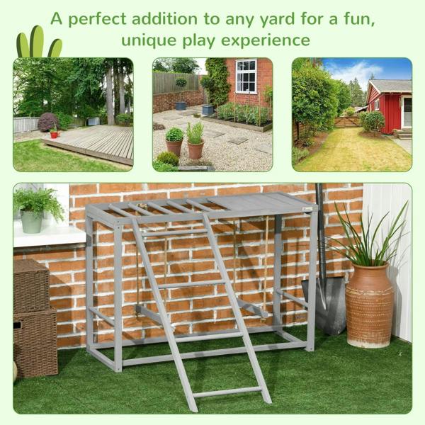 Grey wooden chicken coop activity center with ladder and swing, backyard installation