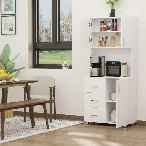 Wyld Haus Dika Wooden White Tall Kitchen Storage Cabinet With Doors Drawers And Adjustable Shelving 183.5 cm