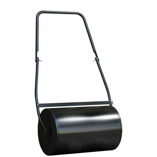 Black garden lawn roller with push handle and round steel drum