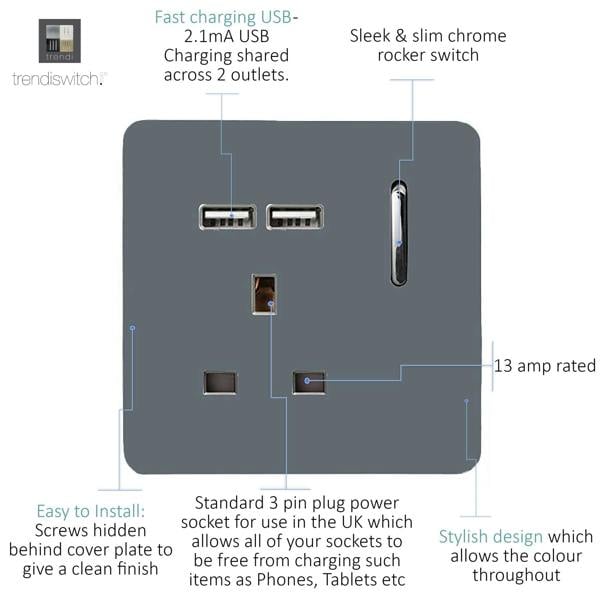 Trendi Switch 1 Gang USB 2100mA Plug Socket in Warm Grey