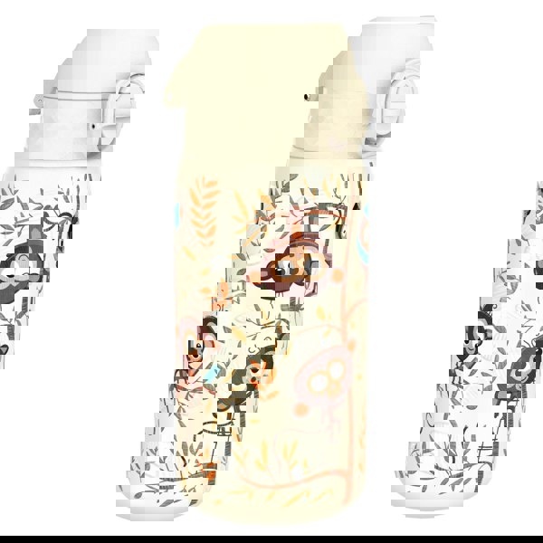 A cream-colored water bottle, featuring playful monkeys on a tree, sits on a white background.