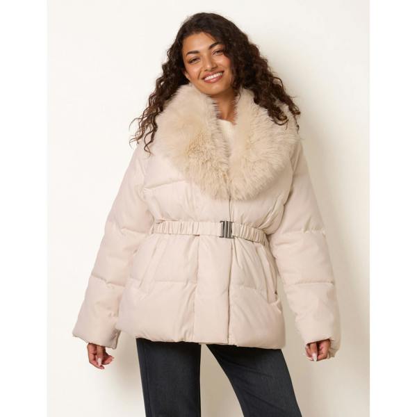 Blue Vanilla Shawl Faux Fur Collar Belted Short Puffer