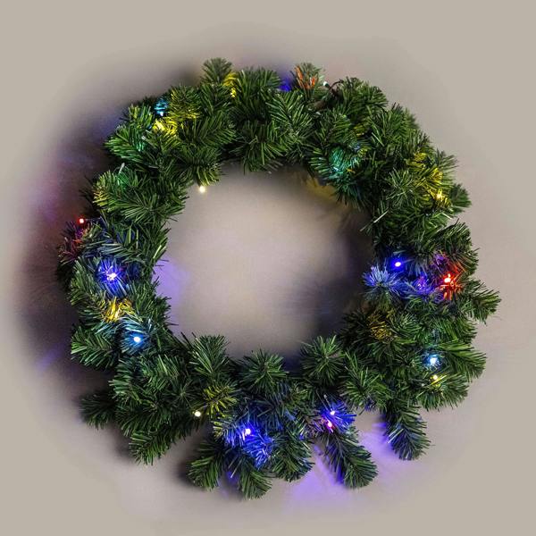 55cm Green Alaskan Pine Pre-Lit Christmas Wreath with Multicolour LEDs, PVC Finish image 1