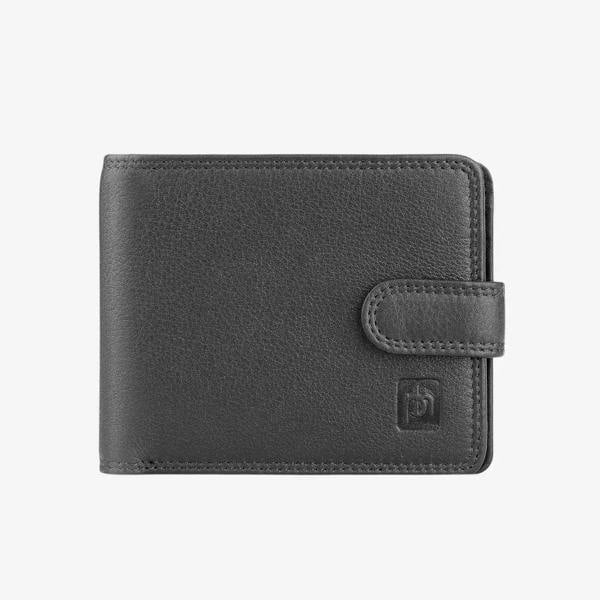 Black leather wallet with a brand logo on a white background