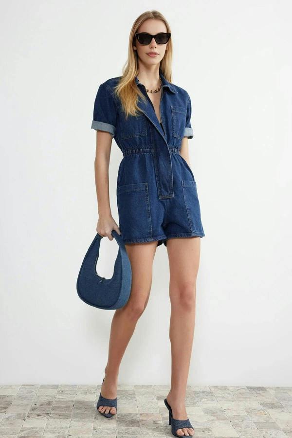 WOVCOR Elastic Waist Denim Shorts Playsuit