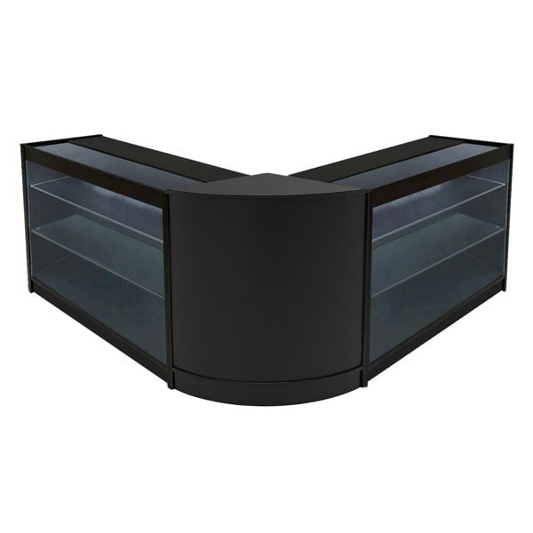 Black Helios LED shop counter set with two K1500 display units, featuring sleek glass shelves and a modern curved design