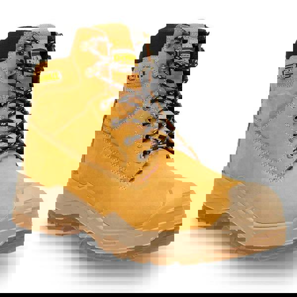 DeWalt Jamestown Mens Zip Up Safety Work Steel Toe S3 Ankle Boots, tan leather work boots with black padded collar, black and yellow laced, rugged slip-resistant sole, reinforced toe area, and durable stitching for industrial and outdoor work environments.