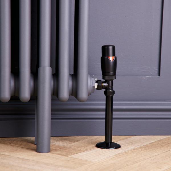 Flode Angled Round Thermostatic TRV & Lockshield | 15mm x 1/2″ | Satin Black
