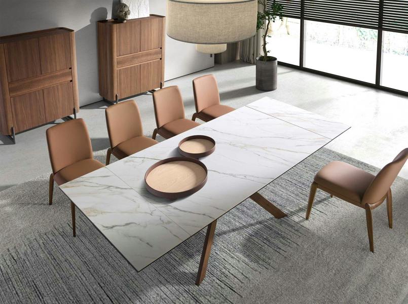 Angel Cerdá Rectangular extending dining table in porcelain marble and walnut effect steel 1120