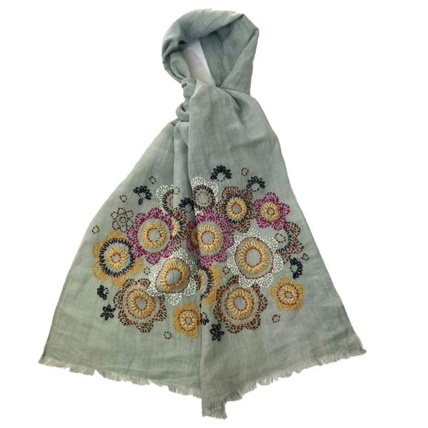 Hayley & Co Hand Embroidered 100% Linen Scarf in Grey Floral