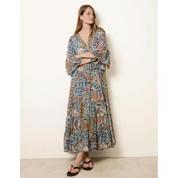 Blue Vanilla Wrap Over Tiered Art Silk Dress