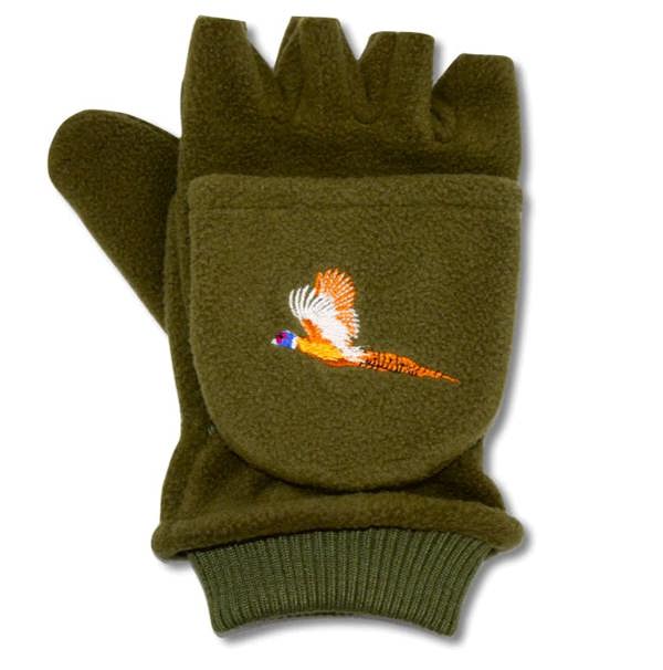 Soft fleece shooting mittens with flying Pheasant Fleece embroidery