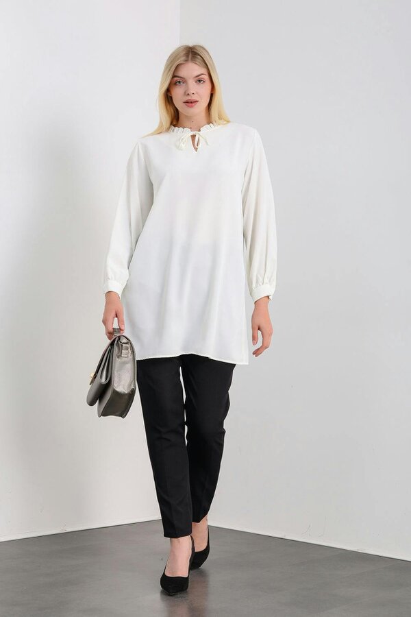 Hoxton Gal Oversized Tunic with Ruffle Neck Detailed in White