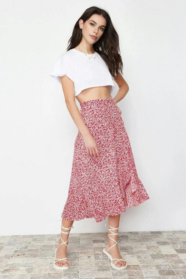 WOVCOR Printed High-Waisted Stretch Skirt with Gathering and Ruffles