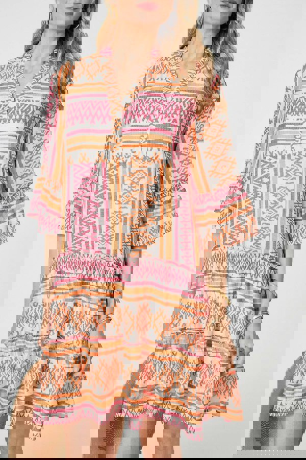 Pink | Aztec Print V-Neck 3/4 Sleeve Short Dress
