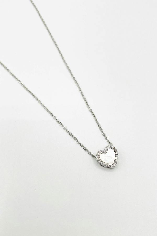 SVNX Diamante & Seashell Heart Necklace in Silver - Gift Boxed