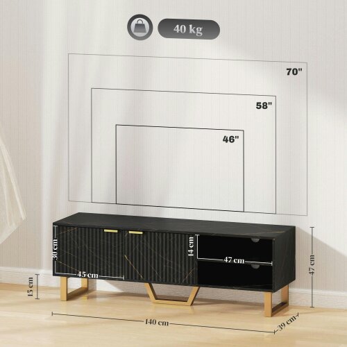 Wyld Haus Baseva 140cm Wooden Black and Gold Marble Effect TV Unit With Fluted Doors For Screens Up To 70 Inches