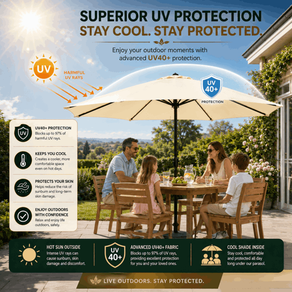 GlamHaus Garden Parasol Table Umbrella 2.7M with Crank Handle UV40 Protection Free Protection Cover Robust Steel Cream
