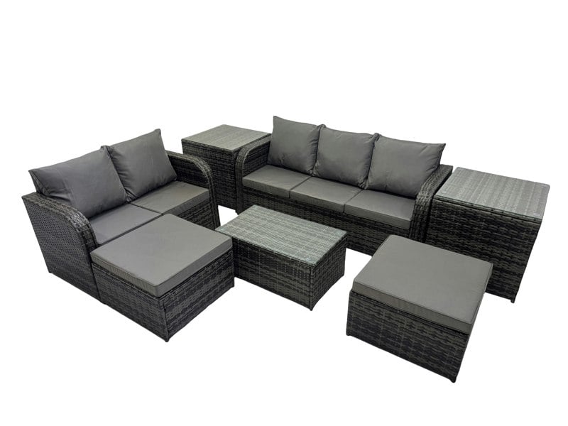 Fimous Outdoor Love Sofa 3 Seater Sofa Coffee Table Set Garden Rattan Furniture Set 7 Seater with 2 Side Tables 2 Big Stool Dark Grey