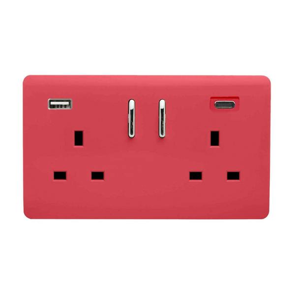 Trendi Switch 2 Gang USB 3100mA Type A & C USB Plug Socket in Strawberry Red
