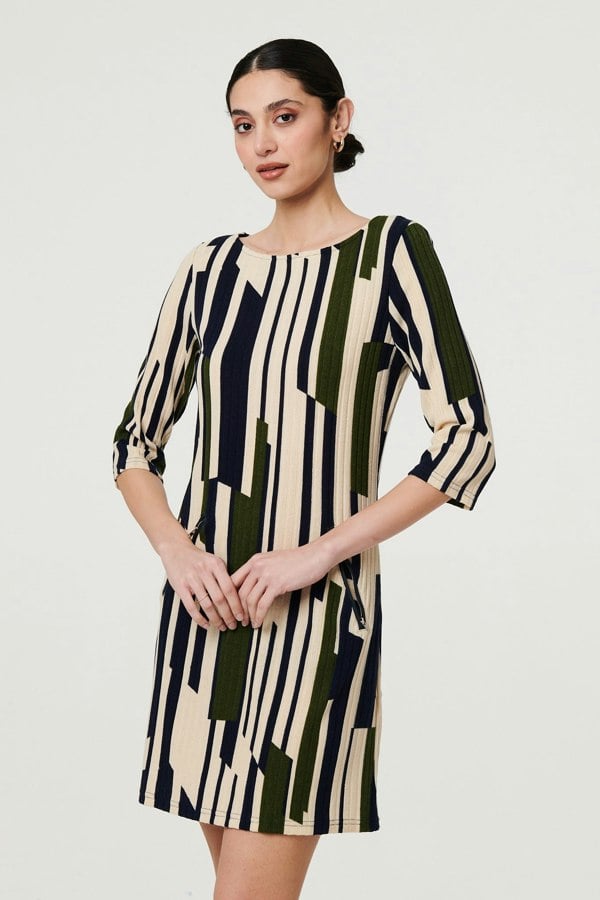 Green | Printed Stripe Texture Short Shift Dress
