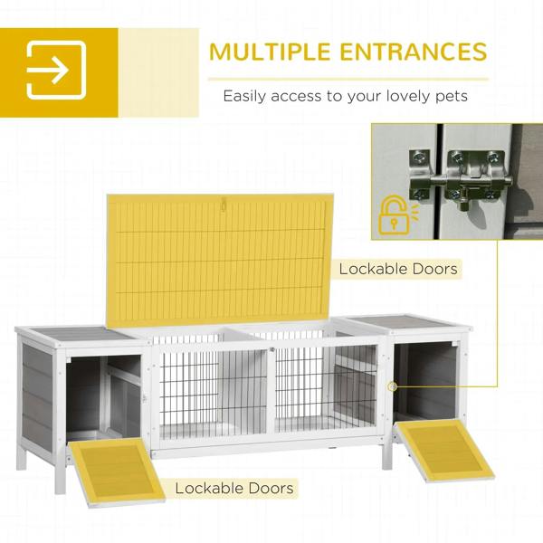 Grey rabbit hutch and run with removable tray, multiple entry openings with lockable doors