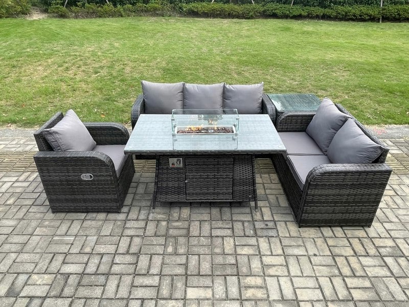 Fimous Garden Patio Furniture Wicker Rattan Gas Fire Pit Table and Sofa Chair set with Side Table