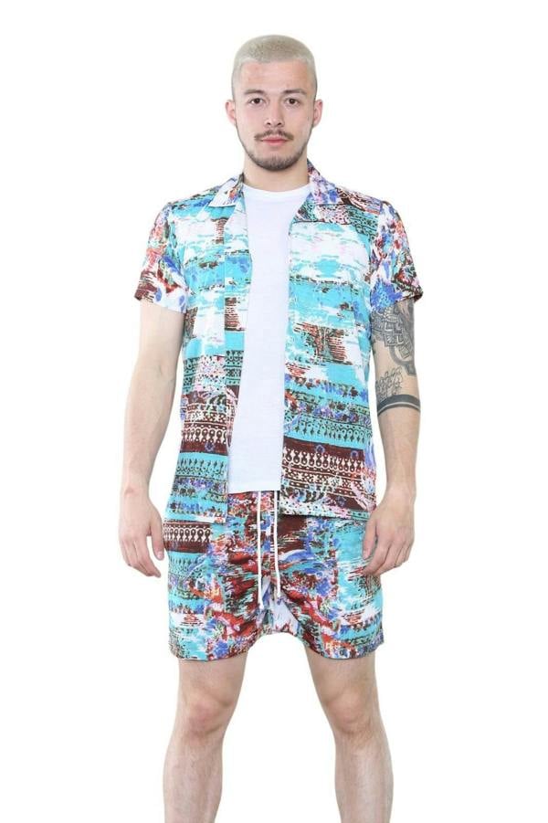 Men's Vibrant Abstract Print Shirt and Shorts Set
