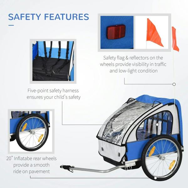 Blue and white bike trailer wagon with safety flag, reflectors, and five-point harness