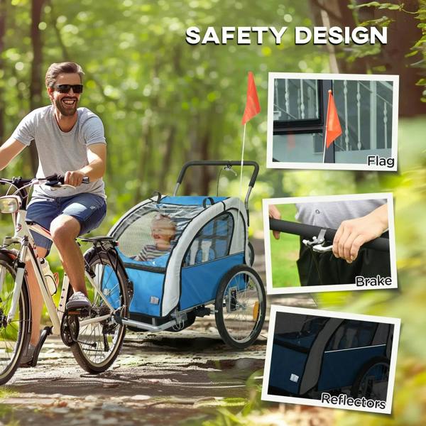 Blue bike trailer with safety flag, brake, and reflector panels