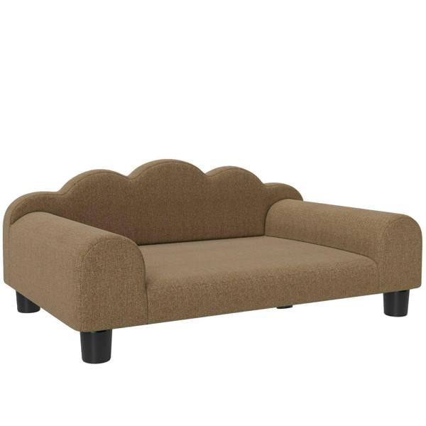 Brown elevated dog sofa bed with scalloped backrest, cushioned seat, and armrests