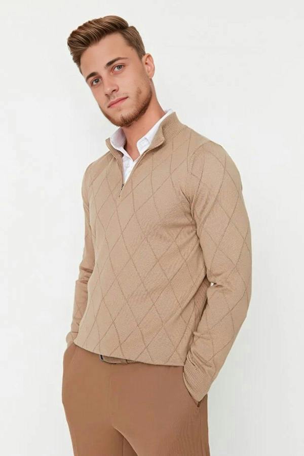 WOVCOR Slim Fit Half Turtleneck Zippered Collar Knit Men's Sweater