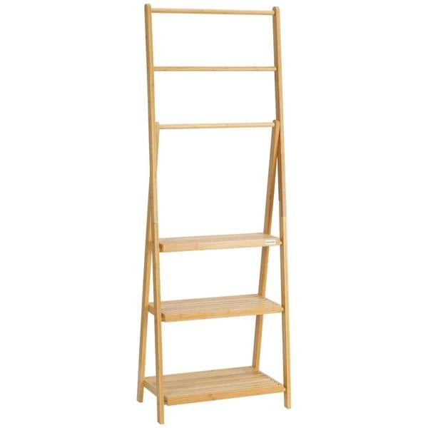 Freestanding bamboo towel rack with 3 hanging bars and 3 storage shelves, natural finish