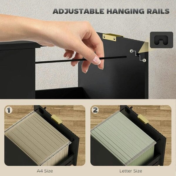 Filing Cabinet, Fluted Vertical File Cabinet with 2 Lockable Drawers and Hanging Rails, Black