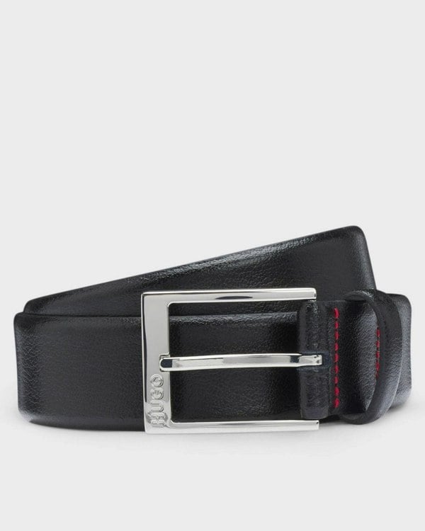 HUGO Gellot Mens Grained-Leather Belt with Logo Engraved Buckle