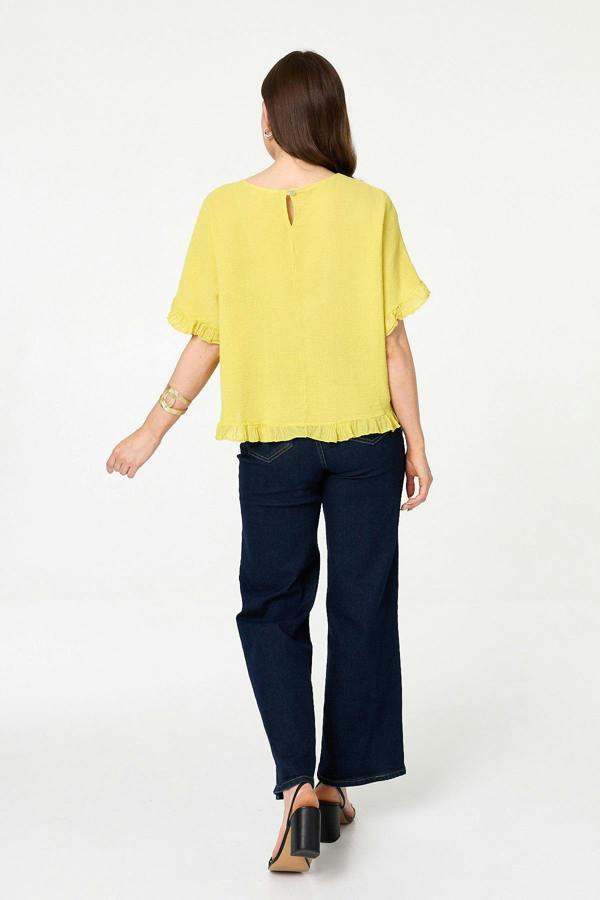 Yellow | Frill Hem 1/2 Sleeve Relaxed Top