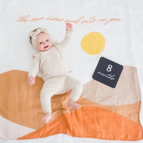 Lulujo - Baby's First Year Gift Set -  Cotton Swaddle & Cards - Sun Rises